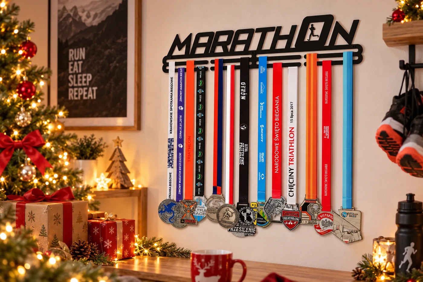 Wieszak Marathon z medalami biegowymi przy choince i prezentach