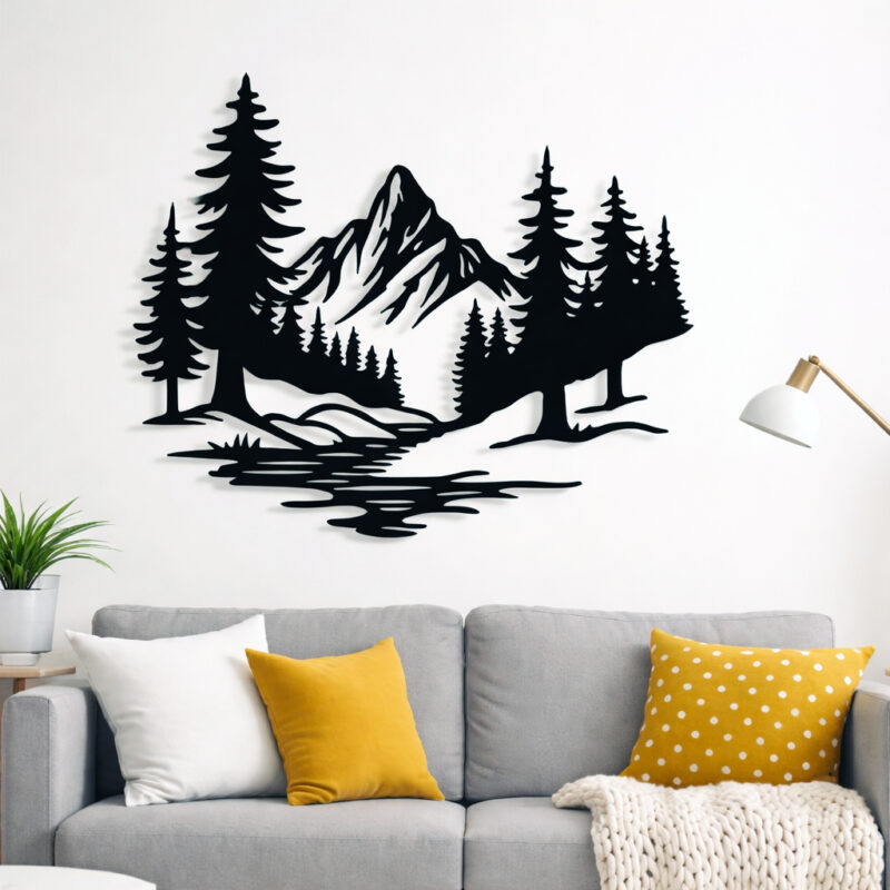 Metalowa dekoracja ścienna góry rzeka