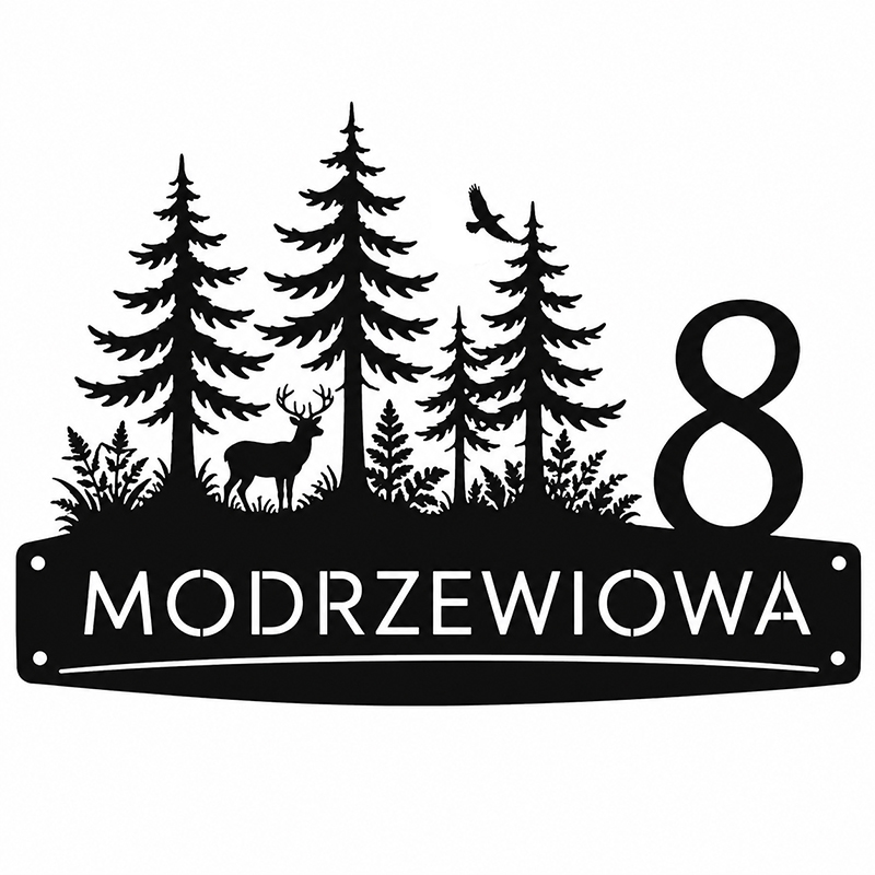 Metalowa tablica adresowa Modrzewiowa z grafiką
