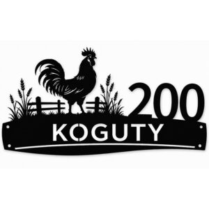 Metalowy numer domu z kogutem