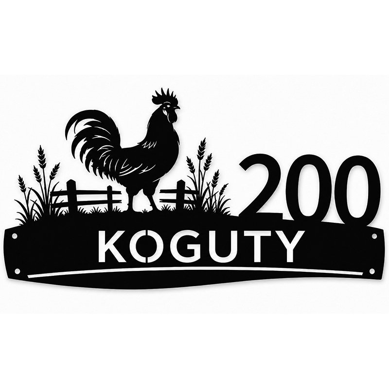 Metalowy numer domu z kogutem