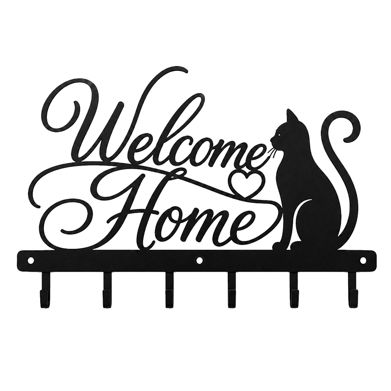 Metalowy wieszak ścienny Welcome Home z kotem