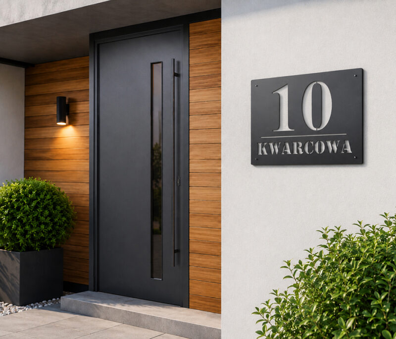 Nowoczesna metalowa tabliczka na dom z numerem i nazwą ulicy