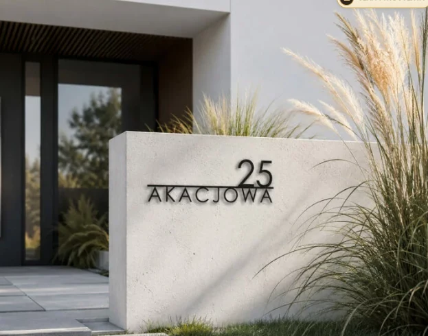 Czarna metalowa tabliczka AKACJOWA 25 na jasnym murze przy nowoczesnym domu