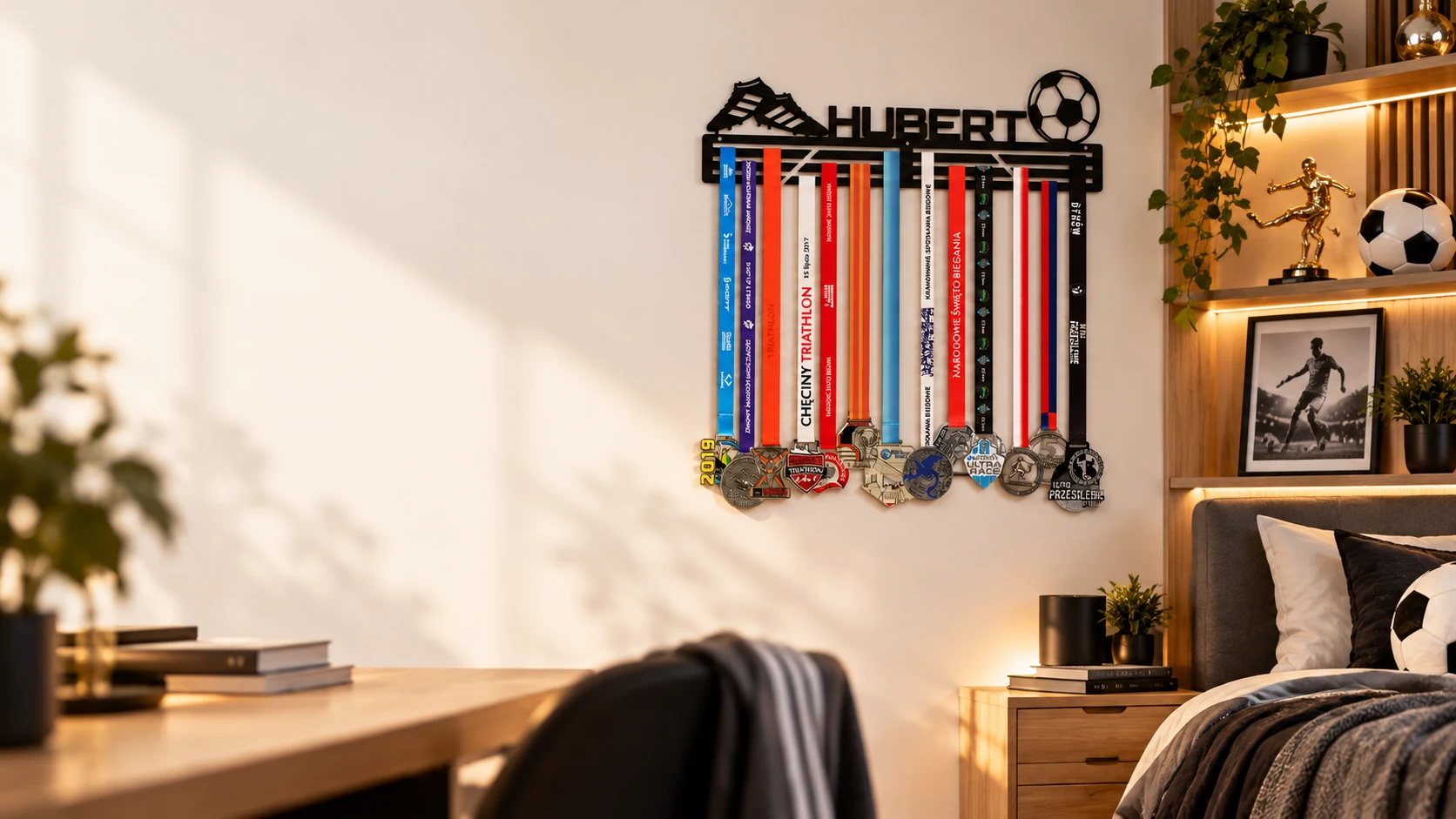 Metalowy wieszak na medale HUBERT z piłkarskim motywem w nowoczesnym pokoju sportowca