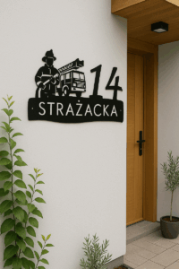 nowoczesny numer na dom z grafiką strażacka ulica