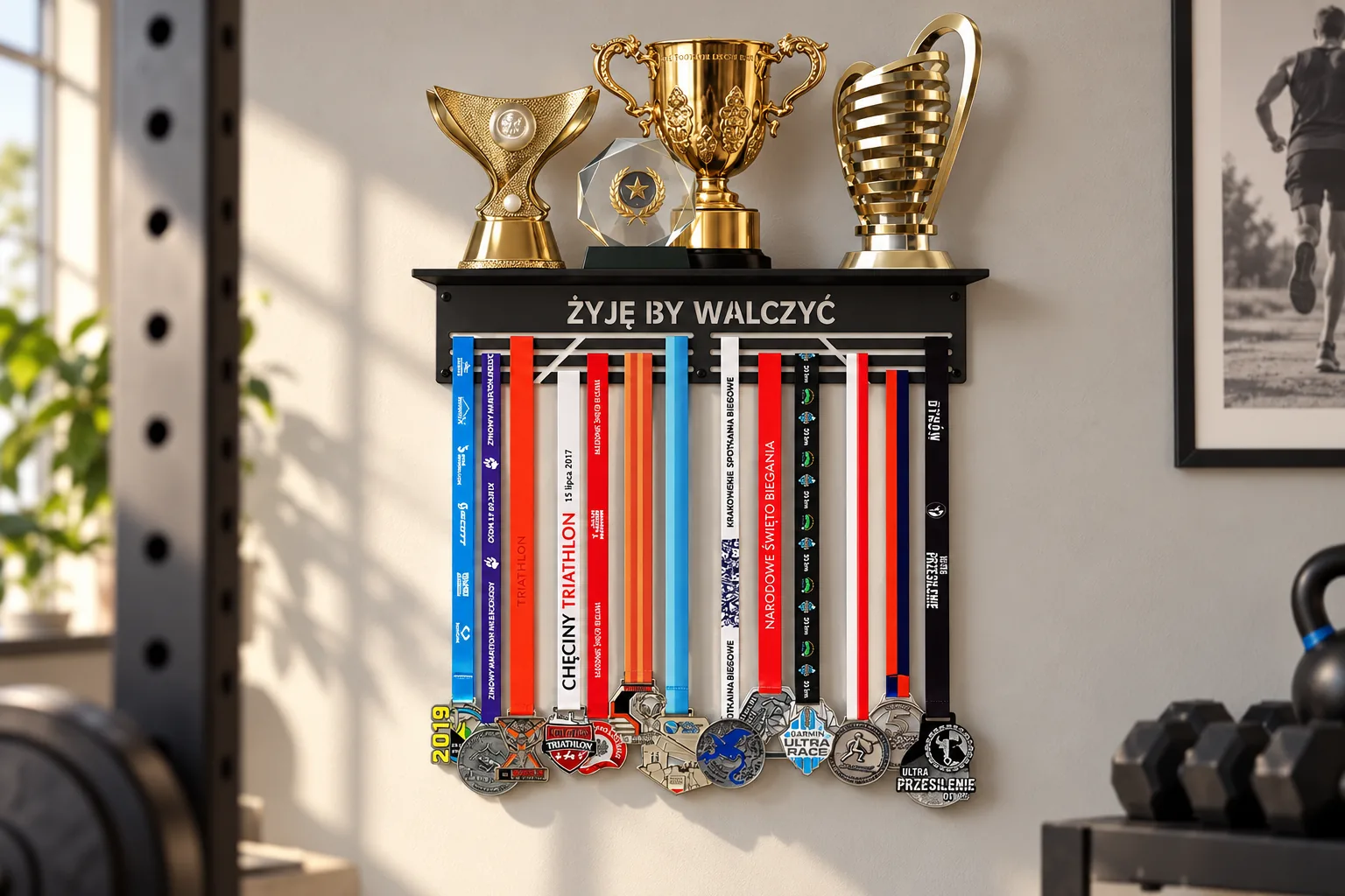 Metalowy wieszak na medale z półką na puchary Żyję by walczyć w domowej aranżacji