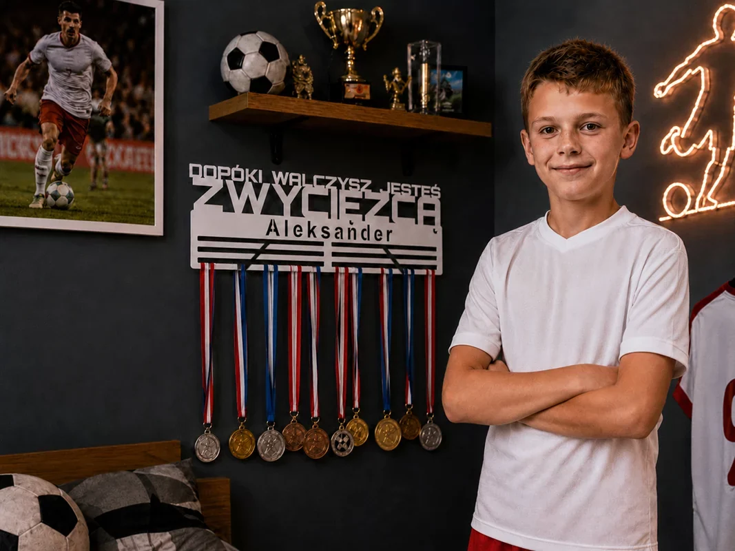 Młody piłkarz obok personalizowanego wieszaka na medale w pokoju sportowca