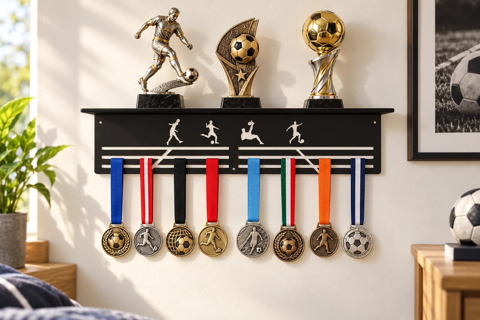 Piłkarski metalowy wieszak na medale z motywami piłki nożnej, pucharami i medalami
